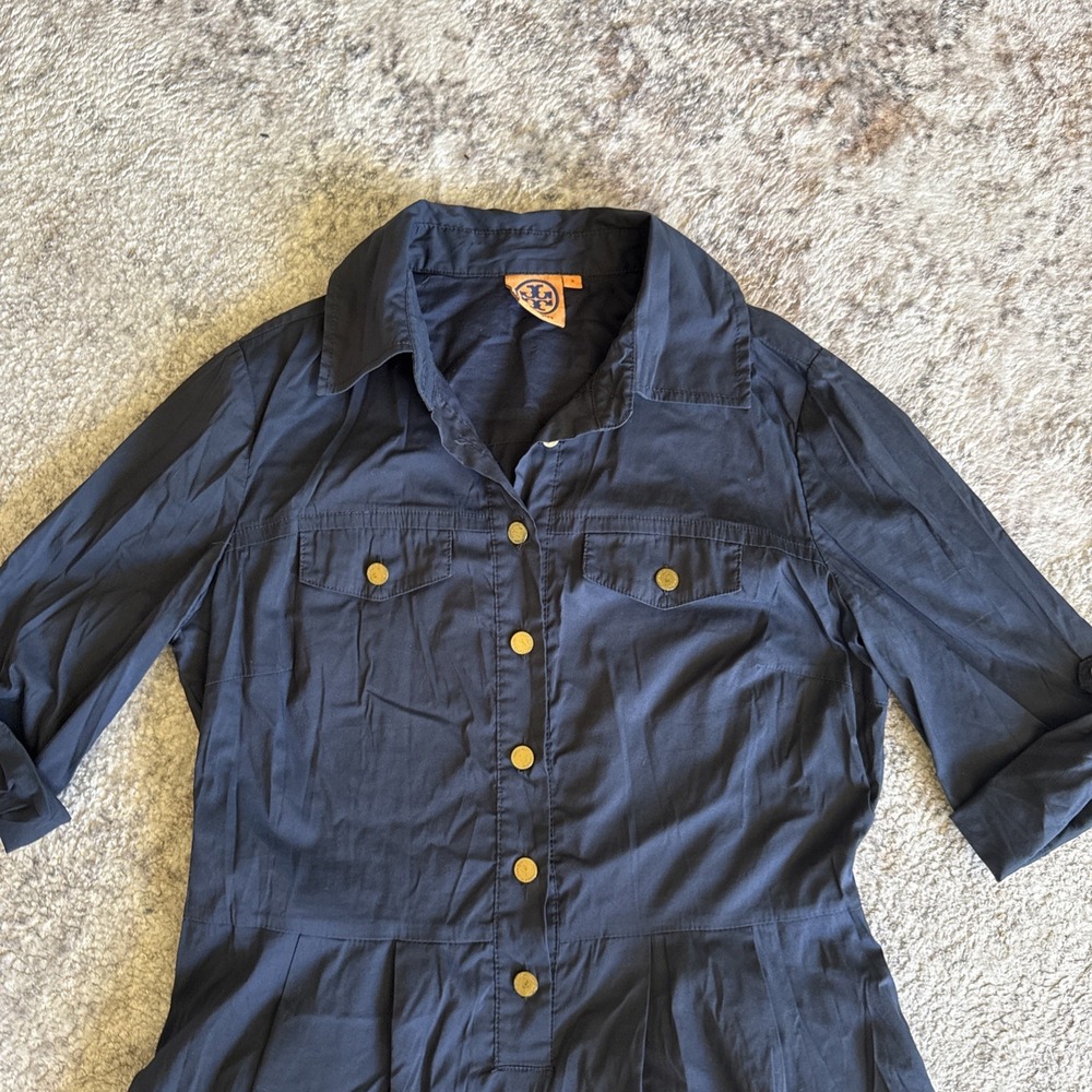 Tory Burch Sz 8Nautical Navy Blue & Gold Button Short Sleeve Dress With Pockets - Picture 2 of 14